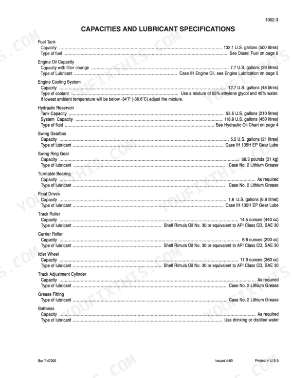 Case 9060, 9000 service manual table listing fluid capacities and lubricant specifications for engine, hydraulic, and gear systems.