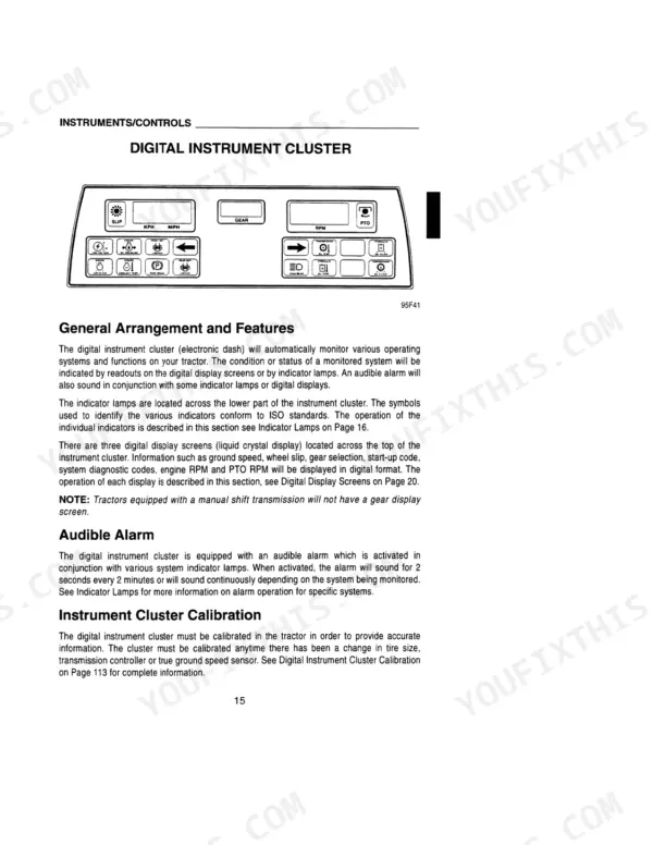 case-9350-tractor-operator-manual-rac-9-26040-controls-17.webp Case 9350 digital instrument cluster diagram, indicator lamp layout, and operation overview for tractor controls.