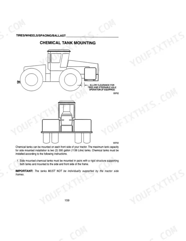 Case 9350 tractor chemical tank mounting diagram showing side and front views with installation instructions and clearance notes.