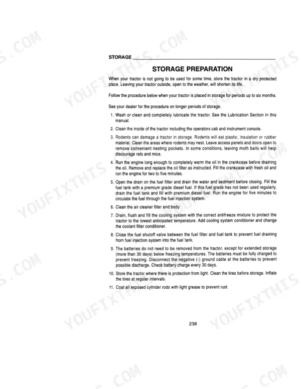Case 9350 operator manual page detailing 11-step tractor storage preparation procedures for engine, fuel, cooling, and battery.