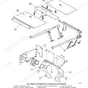 Case CPX620 exploded view of engine compartment doors, trash barriers, and support components with numbered parts list.