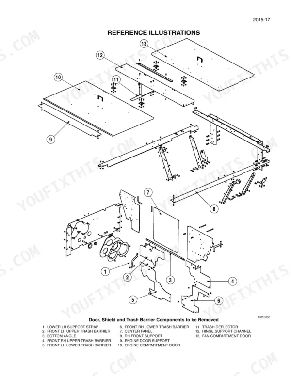 case-cpx620-cotton-picker-service-manual-6-16630-exploded-view-35.webp Case CPX620 exploded view of engine compartment doors, trash barriers, and support components with numbered parts list.