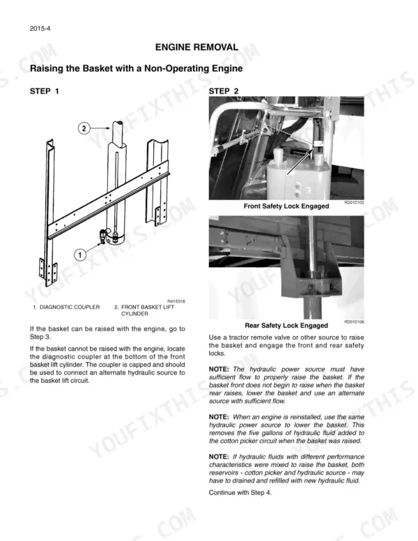 Case CPX620 procedure for raising the basket with a non-operating engine using the diagnostic coupler and safety locks.