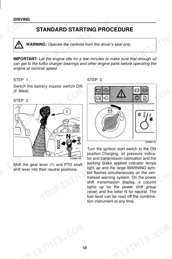 Case CS100, CS110, CS120, CS130, CS150 standard starting procedure, gear lever, PTO shaft, and ignition switch operation guide.