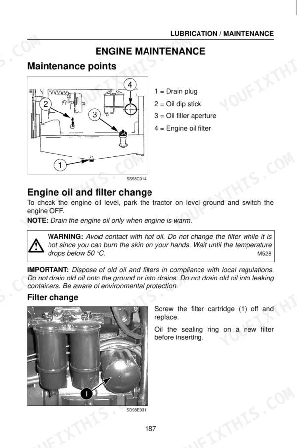 Case CS100, CS110, CS120, CS130, CS150 engine oil and filter change maintenance procedure with component diagram.