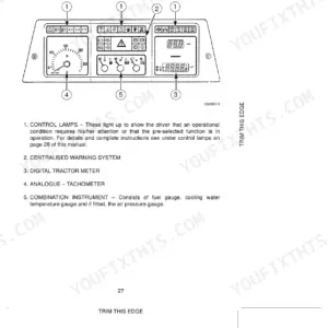 Case CS110, CS120, CS130, CS150 instrument panel diagram showing tachometer, digital meter, and warning system controls.