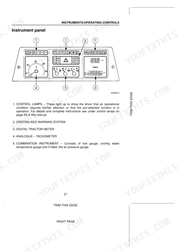case-cs110-cs120-cs130-cs150-tractor-operator-manual-sva-6-21220-controls-33.webp Case CS110, CS120, CS130, CS150 instrument panel diagram showing tachometer, digital meter, and warning system controls.