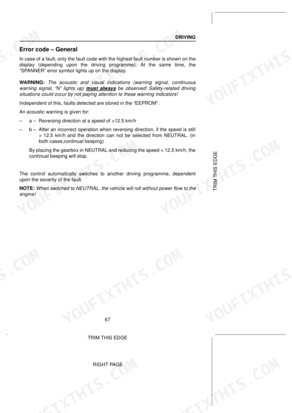 Case CS110, CS120, CS130, CS150 operator manual page explaining general error codes, acoustic warnings, and driving faults.