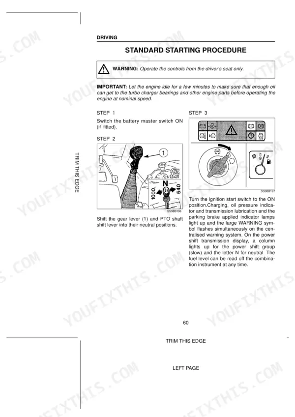 Case CS110, CS120, CS130, CS150 standard starting procedure, gear lever, PTO shaft, and ignition switch operation steps.