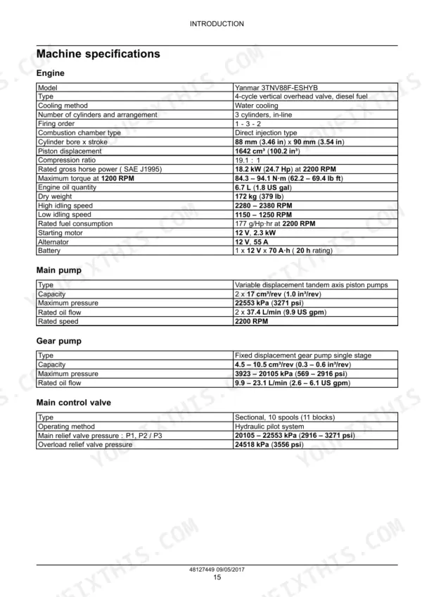 Case CX37C machine specifications table for engine, main pump, gear pump, and main control valve technical data.