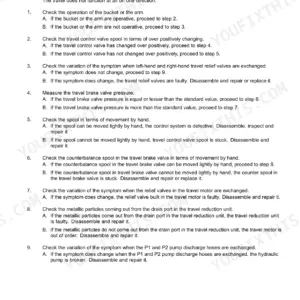 Case CX37C service manual page detailing travel motor troubleshooting procedures for hydraulic travel system malfunctions.