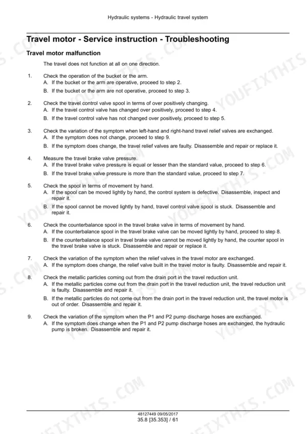 case-cx37c-service-manual-mini-excavator-48127449-troubleshooting-576.webp Case CX37C service manual page detailing travel motor troubleshooting procedures for hydraulic travel system malfunctions.