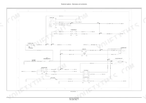 Case CX37C electrical wiring diagram showing battery, starter motor, alternator, power relay, and start switch connections.