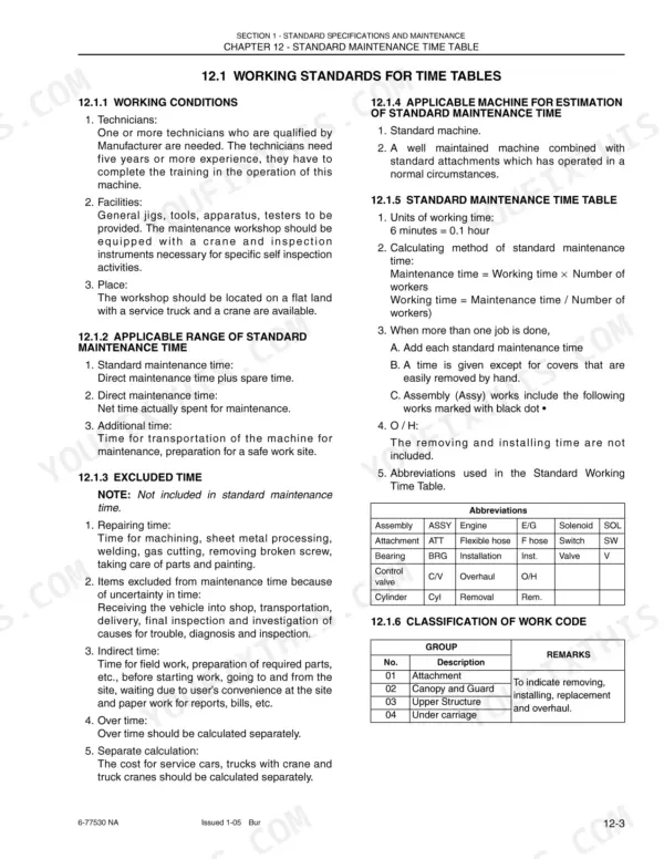 Case CX50B manual page detailing standard maintenance time tables, working conditions, excluded time, and work code abbreviations.