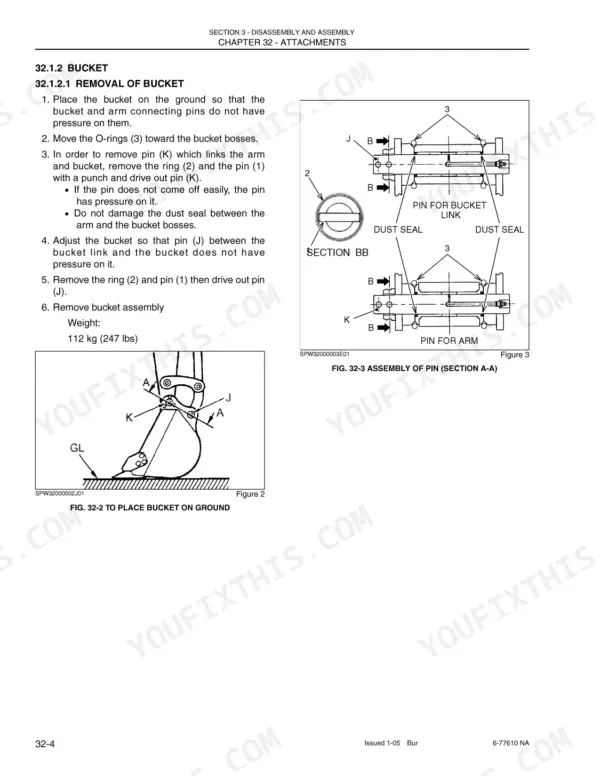 Case CX50B bucket removal procedure, including diagrams of bucket pin assembly, dust seals, and arm link connection points.