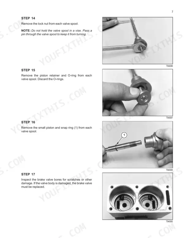 Case IH 2566 2688 2799 combine valve spool disassembly steps 14-15 with photos (brakes section 8000)