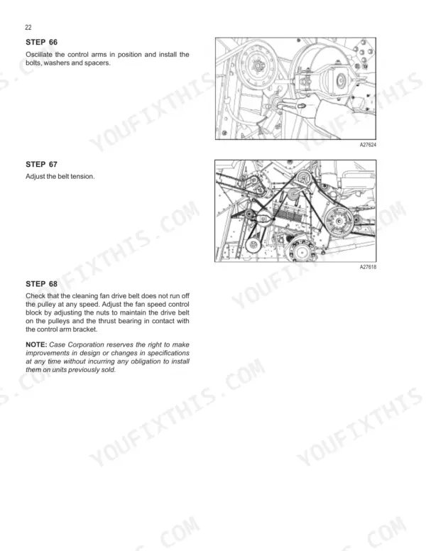 Case IH 2566 2688 2799 combine cleaning fan drive belt installation and tension adjustment steps 66-68 (section 10070)