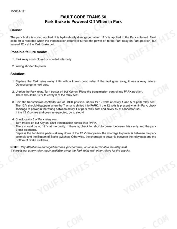 Case IH Steiger 280-535 service manual page for fault code TRANS 50, park brake power off troubleshooting and repair steps.