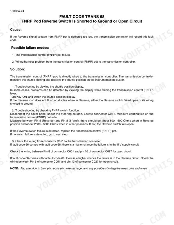 Case IH 280-535 Steiger service manual page for fault code TRANS 68, troubleshooting FNRP pod reverse switch short or open circuit.
