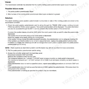 Case IH 280-535 Steiger fault code TRANS 11 troubleshooting guide for inching pedal potentiometer open circuit or short to ground.