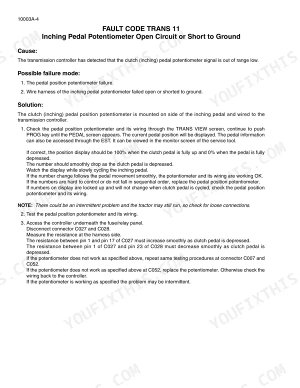 case-ih-280-variants-tractor-service-manual-84257309-troubleshooting-10.webp Case IH 280-535 Steiger fault code TRANS 11 troubleshooting guide for inching pedal potentiometer open circuit or short to ground.