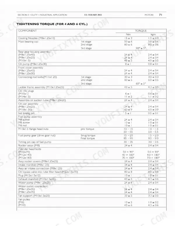 Case IH 445/M2, 445T/M2 engine tightening torque specifications table for 4 and 6 cylinder industrial application engines.