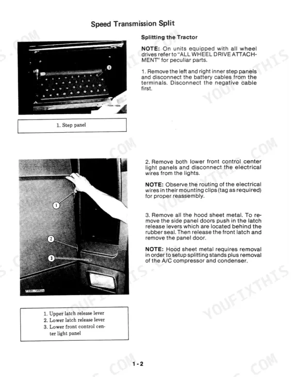 Case IH 5088, 5288, 5488 service manual procedure for splitting the transmission, showing step panel and hood latch removal.