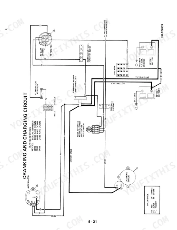 case-ih-5088-5288-5488-tractor-service-manual-gss-1505-1-wiring-197.webp Case IH 5088, 5288, 5488 wiring diagram for the cranking and charging circuit showing battery, alternator, and starter motor.