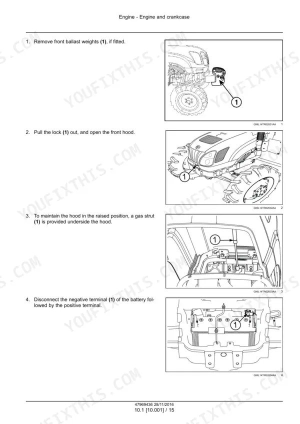 Case IH Farmall 55JXM, 65JXM, 75JXM procedures for hood opening and battery disconnection.