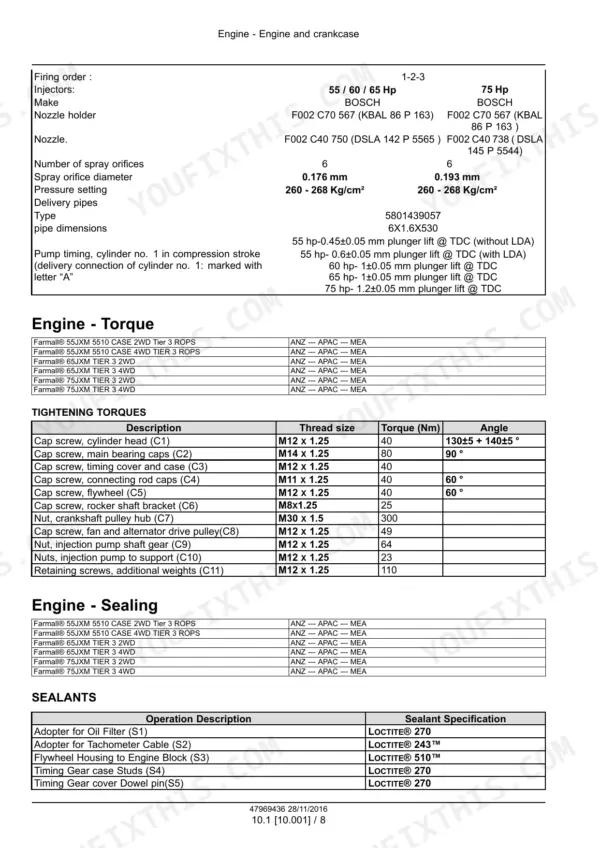Case IH Farmall 55JXM, 65JXM, 75JXM engine fuel system specs, tightening torque table, and sealants.