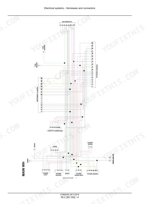 case-ih-55jxm-65jxm-75jxm-tractor-service-manual-47969436-wiring-713.webp Case IH Farmall 55JXM, 65JXM, 75JXM electrical wiring diagram for main harness and connectors.