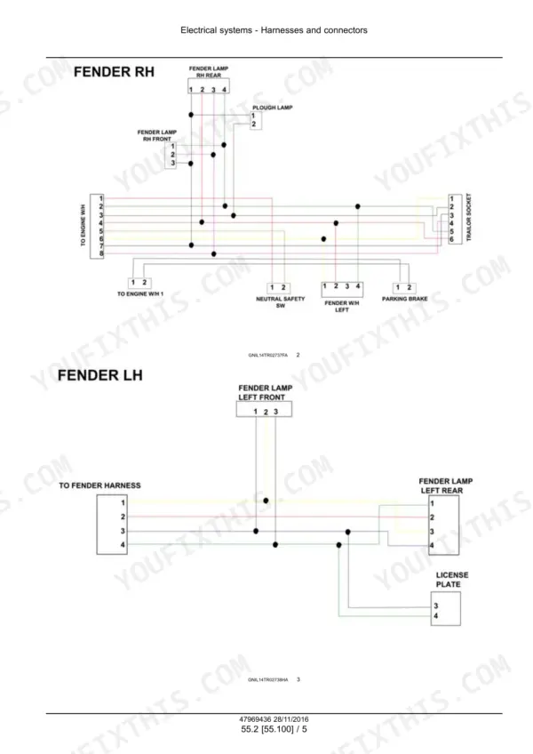 Case IH Farmall 55JXM, 65JXM, 75JXM wiring diagram for fender RH and LH lighting systems.