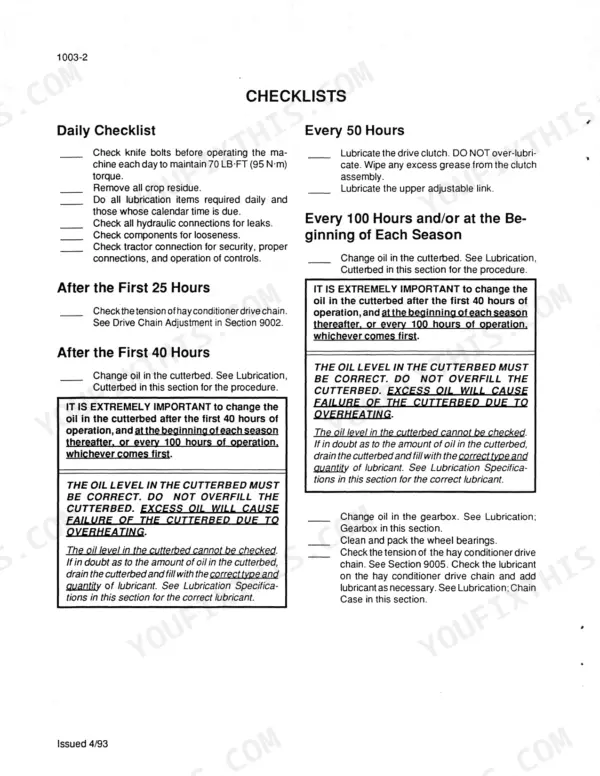 Case IH 8309, 8312 maintenance checklist page detailing daily, 25, 40, 50, and 100-hour service intervals and cutterbed oil procedures.