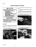 case-ih-8309-8312-rotary-mower-conditioner-service-manual-rac-8-95590-procedures-44.webp Case IH 8309, 8312 service manual page showing tongue position cylinder removal procedures, safety warnings, and component photos.