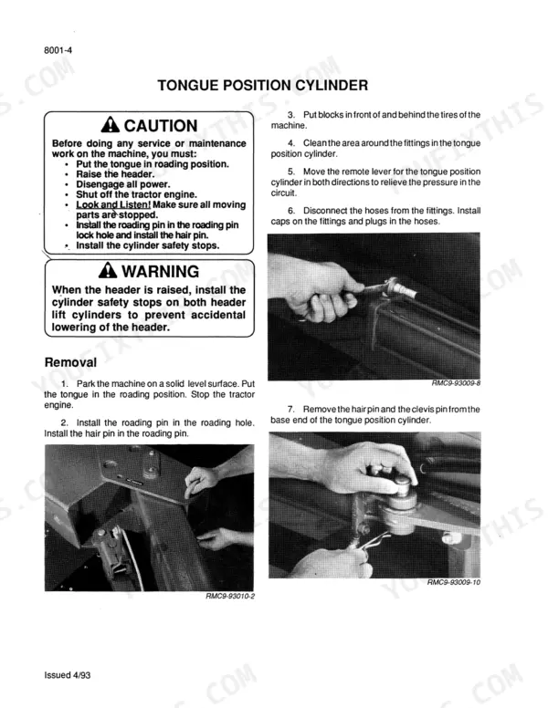 Case IH 8309, 8312 service manual page showing tongue position cylinder removal procedures, safety warnings, and component photos.