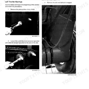 Case IH 8455, 8460, 8465 service manual procedure for left tine bar bearing replacement and pickup drive chain removal.