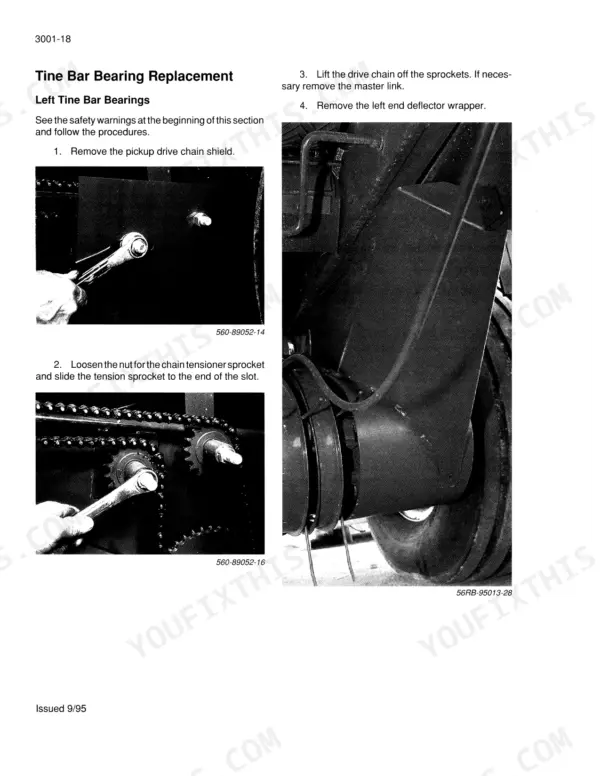 case-ih-8455-8460-8465-service-manual-drive-system-228.webp Case IH 8455, 8460, 8465 service manual procedure for left tine bar bearing replacement and pickup drive chain removal.
