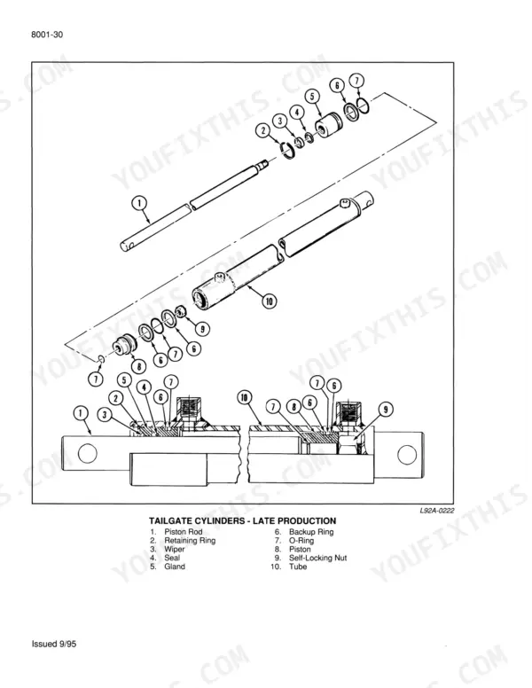 Case IH 8455, 8460, 8465 exploded view diagram of late production tailgate hydraulic cylinder components and parts list.