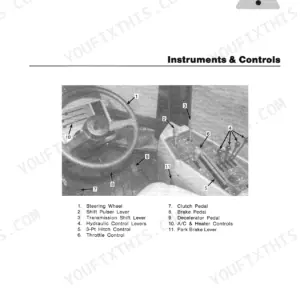 Case IH 9150 operator manual page showing labeled tractor instruments, steering wheel, pedals, and hydraulic control levers.