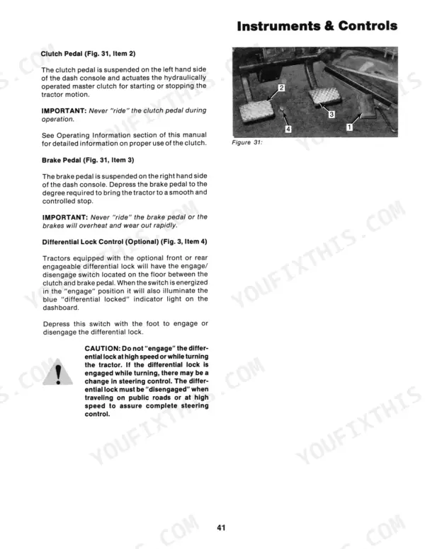 Case IH 9150 instruments and controls showing clutch, brake pedals, and differential lock switch operation.