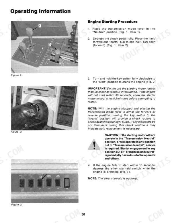 Case IH 9150 engine starting procedure, including transmission neutral, throttle, key switch, and ether start-aid switch operation.