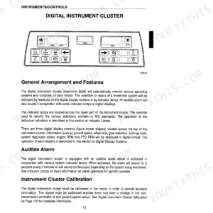 Case IH 9310, 9330 digital instrument cluster diagram, indicator lamps, audible alarm, and calibration overview.
