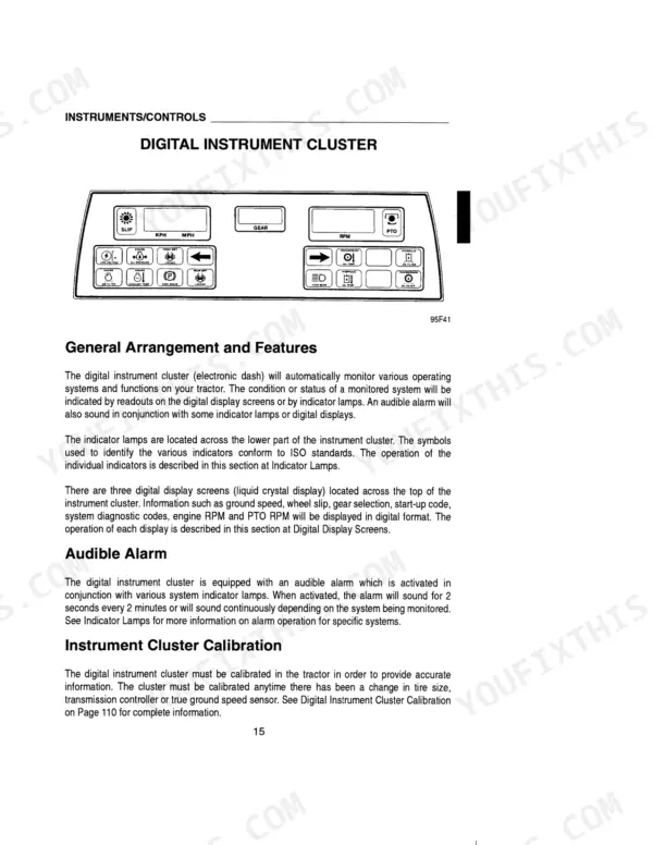 case-ih-9310-9330-tractor-operator-manual-9-26030-controls-17.webp Case IH 9310, 9330 digital instrument cluster diagram, indicator lamps, audible alarm, and calibration overview.