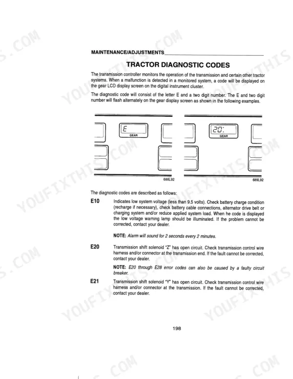 Case IH 9310, 9330 tractor diagnostic codes E10, E20, E21, LCD gear display examples, and transmission troubleshooting steps.