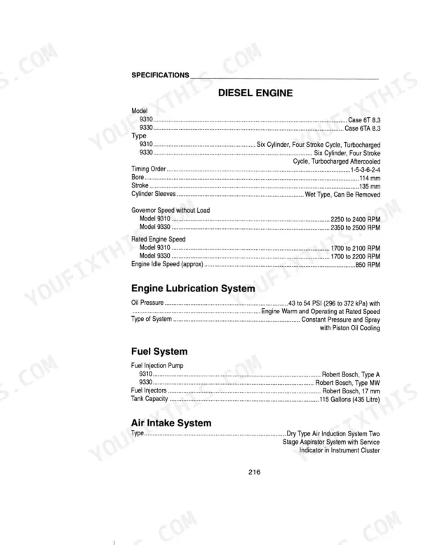 Case IH 9310, 9330 diesel engine specifications table including lubrication, fuel, and air intake system data.