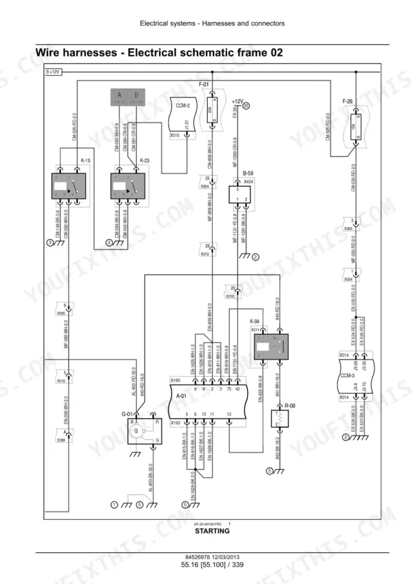 Case IH Axial-Flow 7120, 8120, 9120 electrical schematic frame 02 showing starting system wire harnesses and connectors.