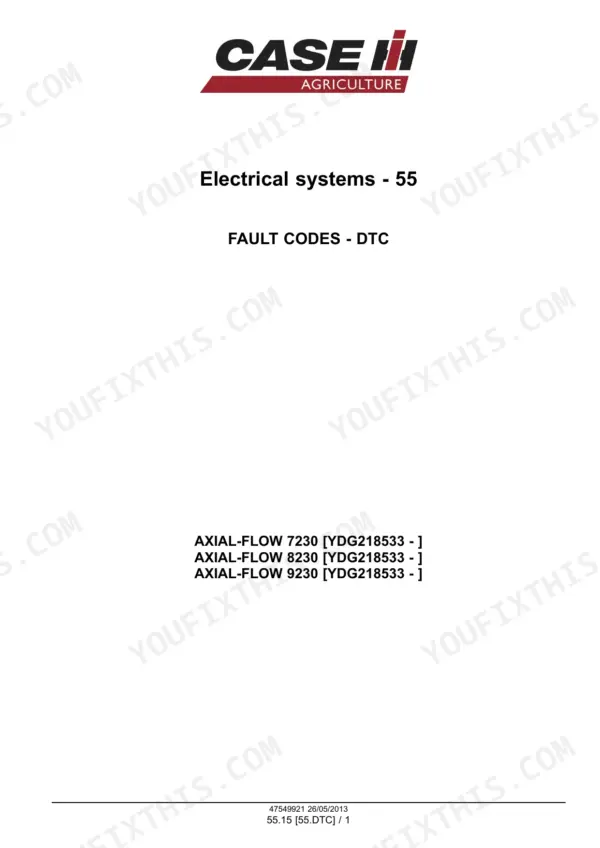 Case IH Axial-Flow 7230, 8230, 9230 service manual, Electrical systems 55 fault codes (DTC) divider, serial YDG218533 and up (page 1916)