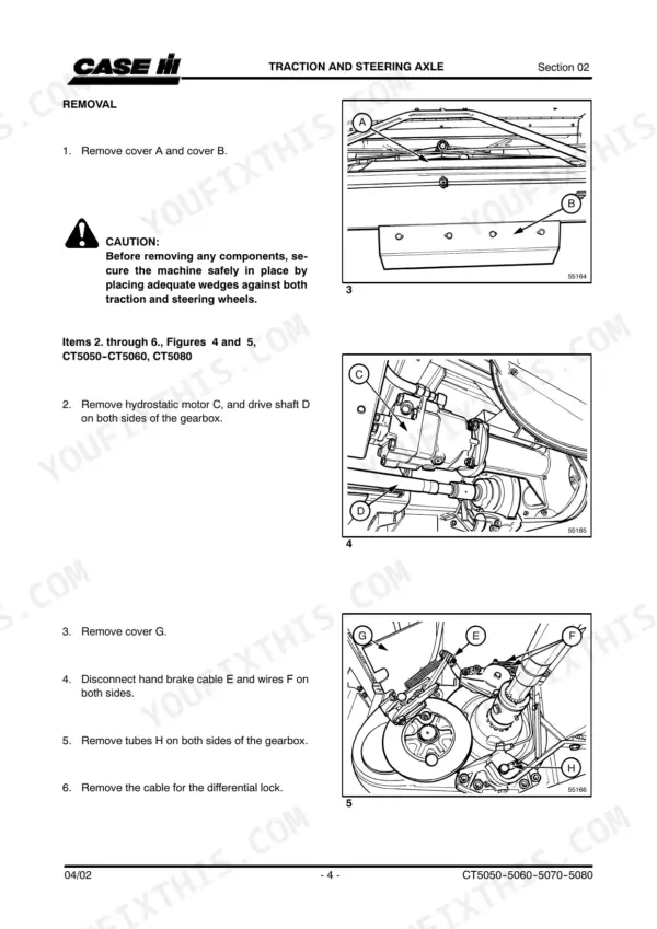 Case IH CT5050, CT5060, CT5070, CT5080 traction and steering axle removal procedure, hydrostatic motor and gearbox diagrams.