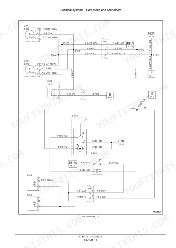 Case IH Farmall 110A-140A electrical schematic frame 1 with headlamps, work lamp relay and switch, horn and fuse links