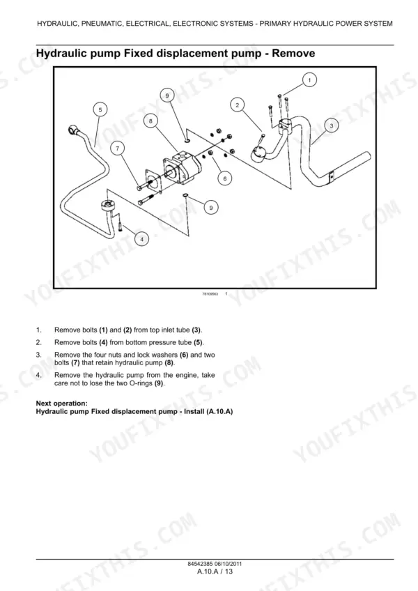 case-ih-farmall-30b-farmall-35b-tractor-service-manual-84542385-procedures-56.webp Case IH Farmall 30B, Farmall 35B hydraulic pump removal procedure with exploded view diagram of pump, tubes, and hardware.